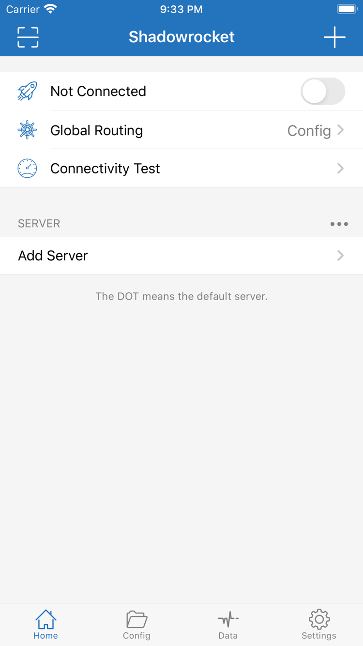 Shadowrocket Home 官方截图，显示连接开关与 Global Routing