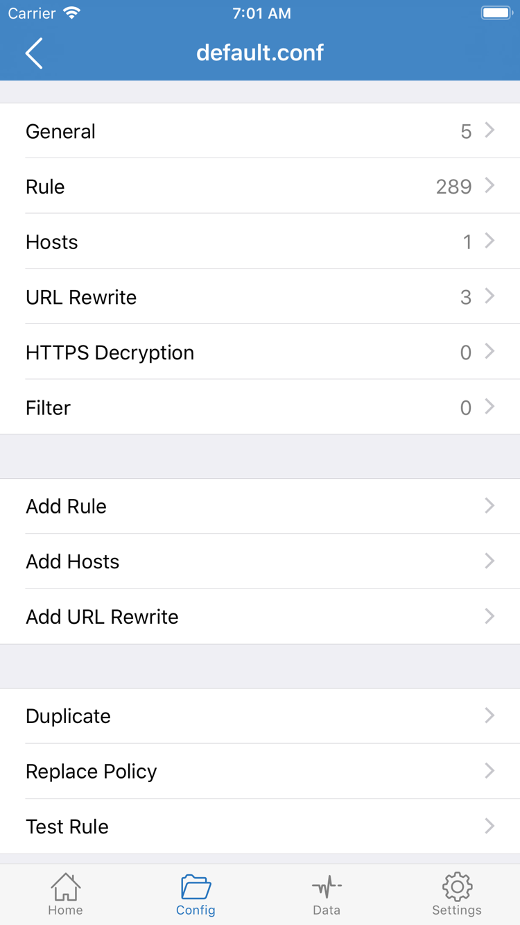 ShadowrocketのConfig公式スクリーンショット。General、Rule、Hosts、URL Rewrite、HTTPS Decryption、Add Ruleを表示